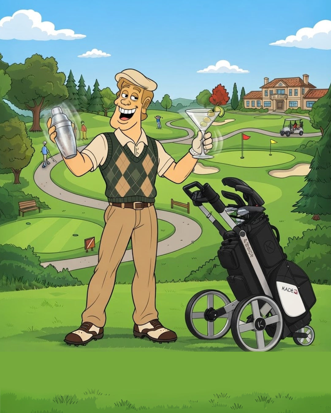 Cartoon-golfer die juicht op een golfbaan naast een Kaddey Switch-E trolley