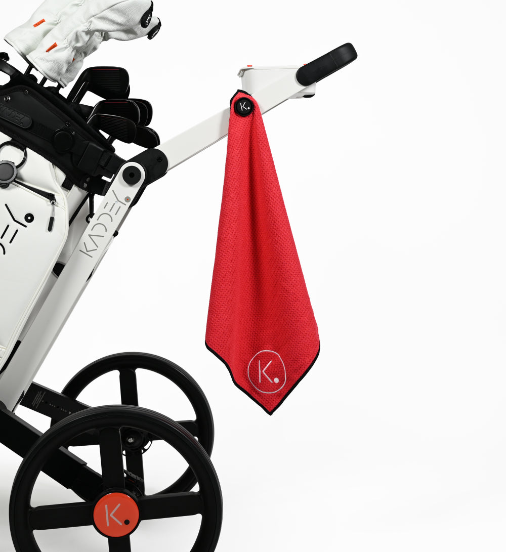 Kaddey Switch Trolley in white with a red Kaddey Magnetic Towel on a magnet holder.