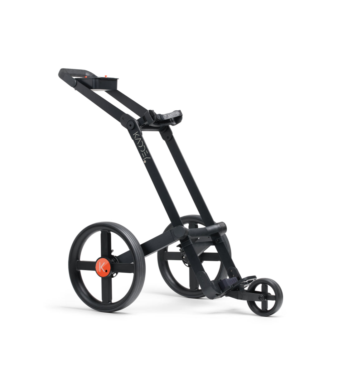 A black Kaddey Switch+ golf trolley with large wheels designed for carrying golf bags on fairways and Uphill terrains.