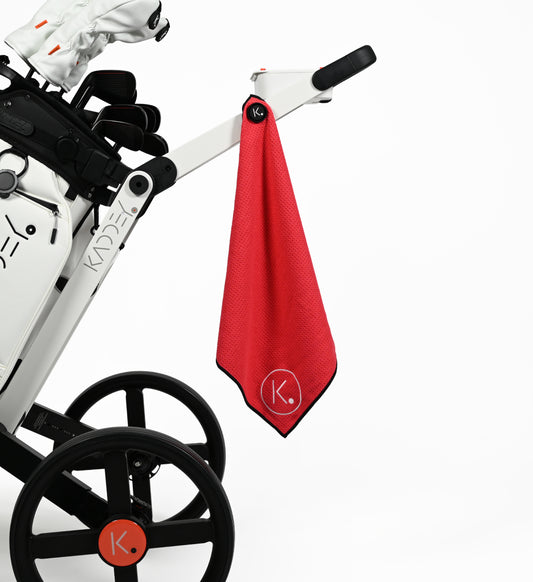 Kaddey Switch Trolley in white with a red Kaddey Magnetic Towel on a magnet holder.