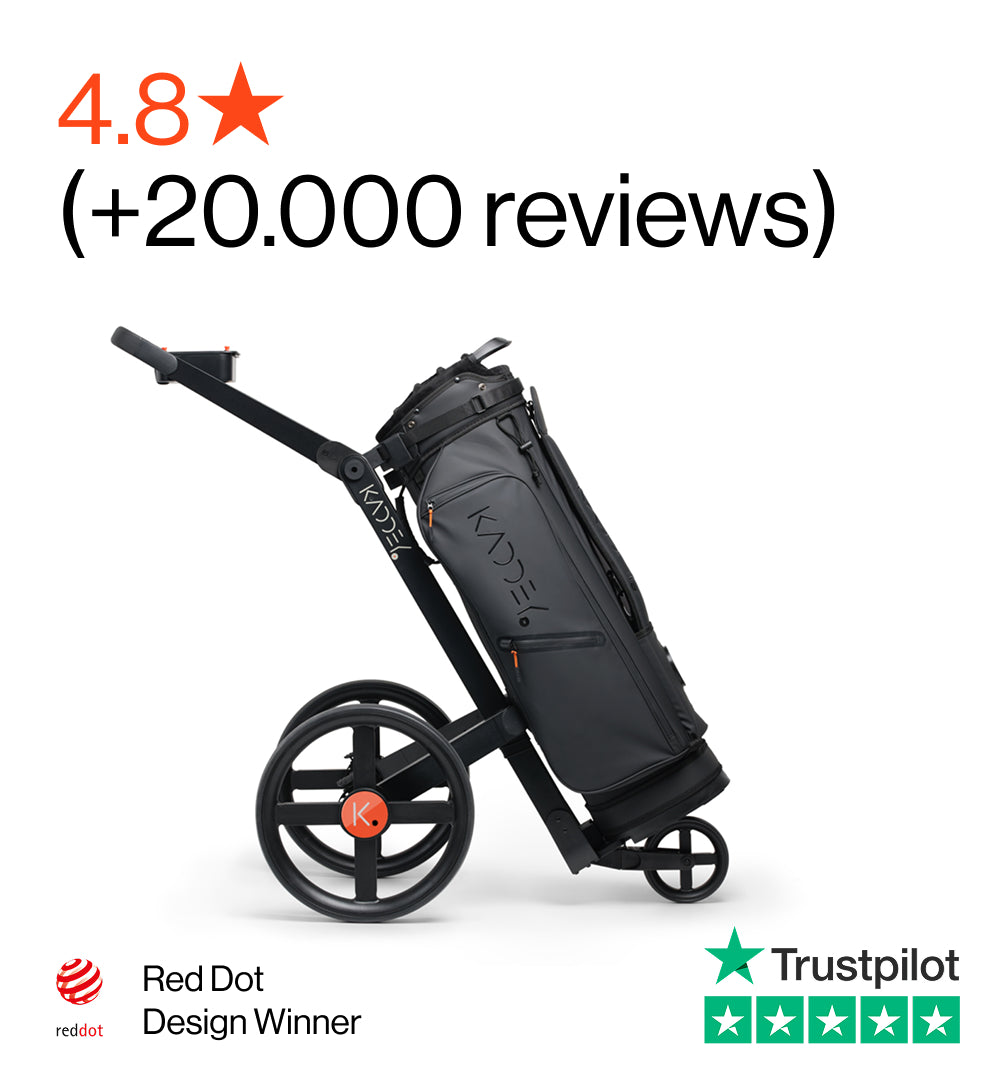 Kaddey Switch with Switch golf bag on a white background, featuring Red Dot Design Winner and Trustpilot logos.

